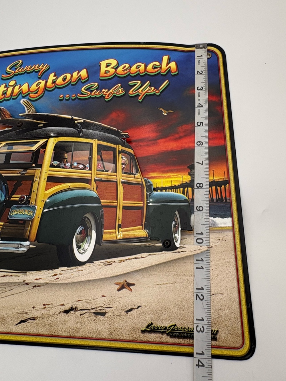 3-D Visit Sunny Huntington Beach Surfs Up Metal Sign - Woody Surfboard Art Print - Picture 10 of 11